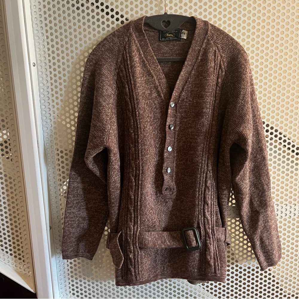 Vintage Berne Belted Virgin Wool Knit Sweater Size M/L in Chestnut Brown